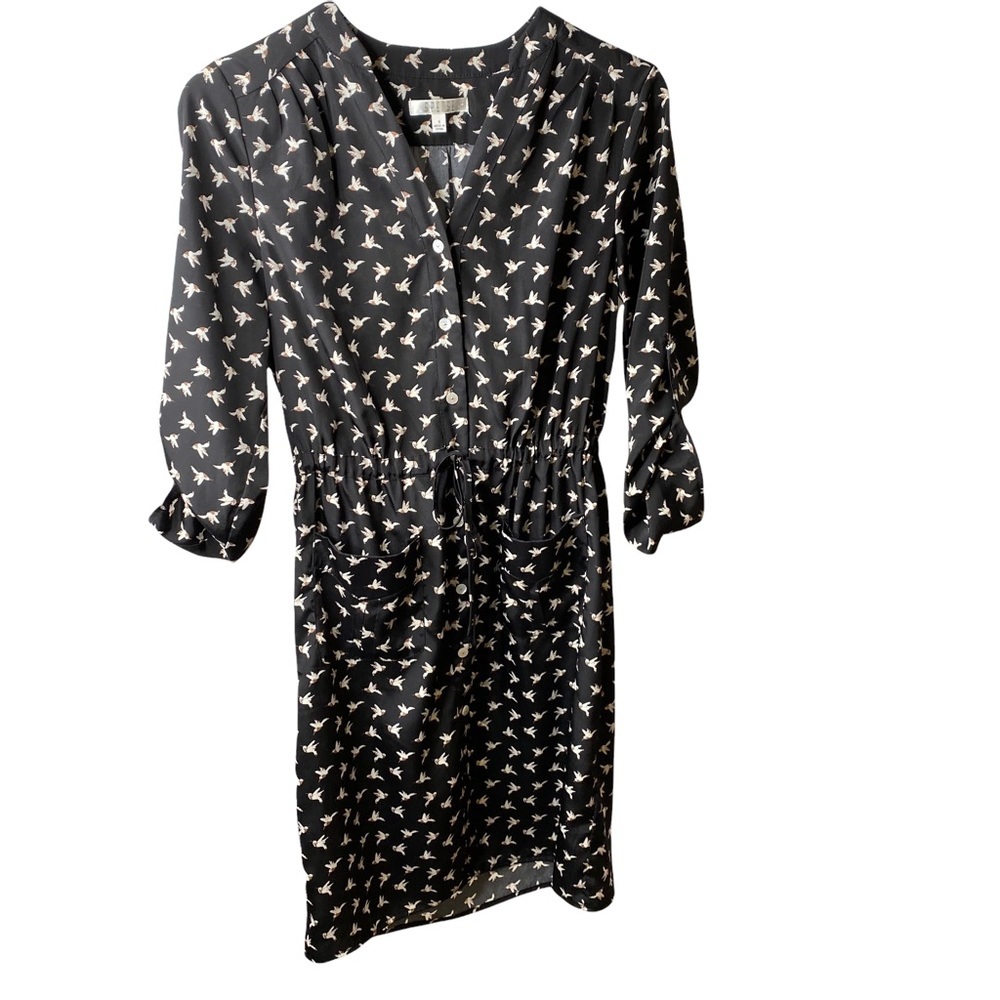 Spense Black Hummingbird Button Down Shirt Dress Knee Length Size S